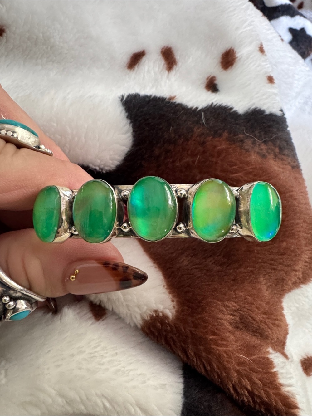 Sterling Silver Green aurora Opal Five-Stone Cuff Bracelet